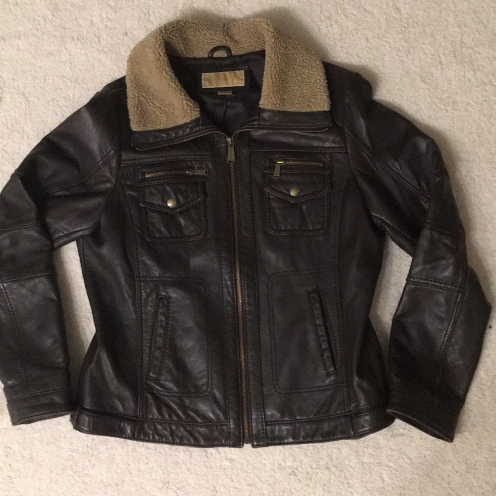 Michael Kors Leather Jacket Sz Large Wool Collar